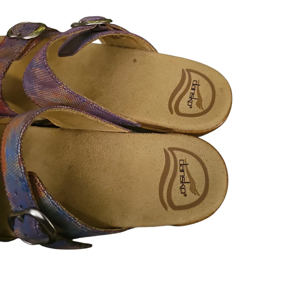 Dansko Sophie Sandals 37 Sparkle Slide Purple Rainbow Buckle Iridescent Slip On - Picture 3 of 6